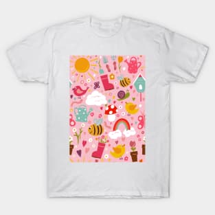 Gardening Fun repeat pattern on a pink background T-Shirt